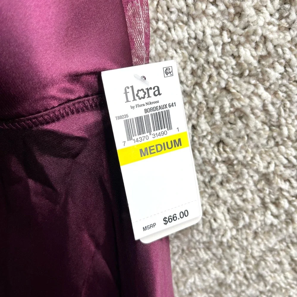 Flora Nikrooz Night Dress Women's M Bordeaux Lace Trim Satin Nightgown NWT